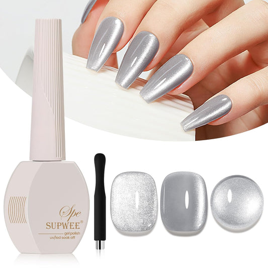 Silver Cat Eye Gel Polish, Magnetic Holographic Gel Nail Polish Glitter Shimmer Gel Polish with Magnet Soak Off U V Gel Salon DIY at Home, 0.5 OZ | alldaygood beauty