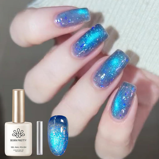 BORN PRETTY Blue Cat Magnetic Eye Gel Nail Polish Shimmer Glitter Holographic Aurora Blue Magnetic Gel Polish Nail Art Manicure DIY at Home 15ML | alldaygood beauty