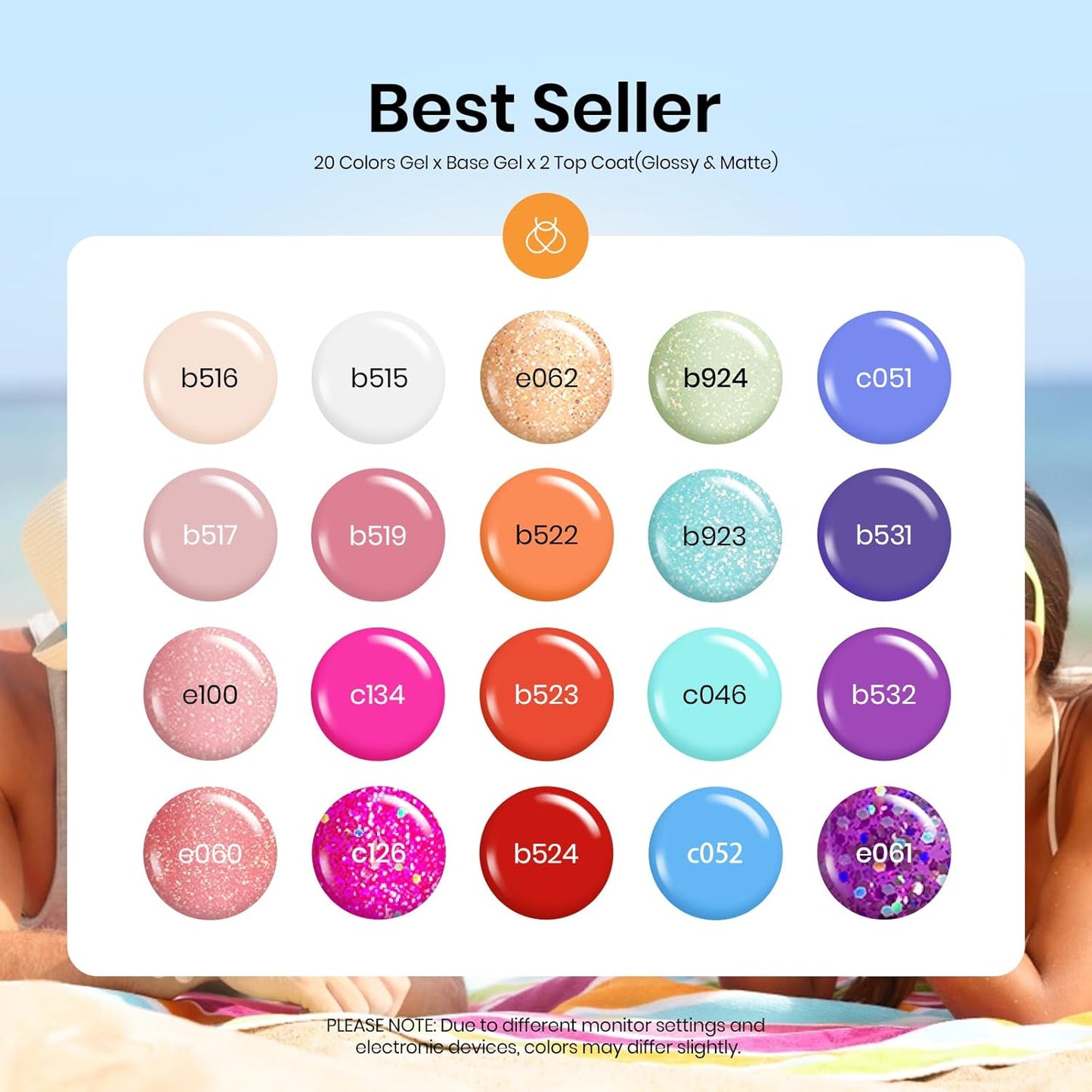 Beetles Gel Nail Polish Set, 20 Colors Blue Nude Pink Purple Orange Glitter Gel Polish Glamour Games Collection with Base Top Coat Nail Art Soak off Nail Manicure Gift for Girls Women