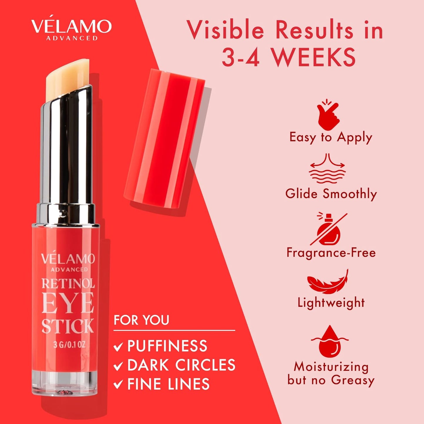 VELAMO ADVANCED Retinol Eye Stick: Retinol Eye Cream for Dark Circles and Puffiness with 1% Bakuchiol - Visibly Reduces Fine Lines Wrinkles Under Eye Bags 0.1 OZ/3g