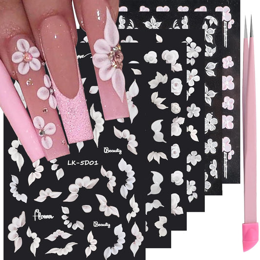 6 Sheets Flower Nail Stickers for Nail Art 5D Embossed Engraved Nails Decals 3D Spring Nails Supplies Accessories Self-Adhesive DIY Design Decoration for Women and Girls