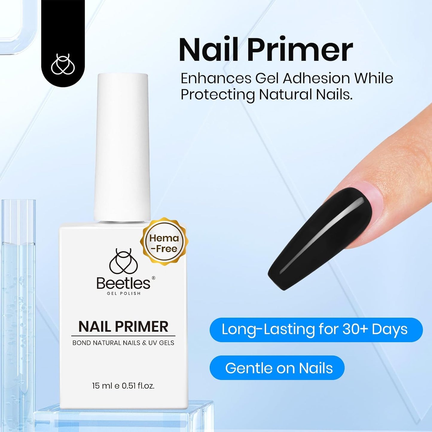 Beetles Nail Dehydrator and Primer - Acid-Free & Hema-Free 2Pcs 15ml Nail Bonding Agent for Gel Polish and Acrylic Nails, Long-Lasting No-Lift Prep for Salon & DIY Manicures