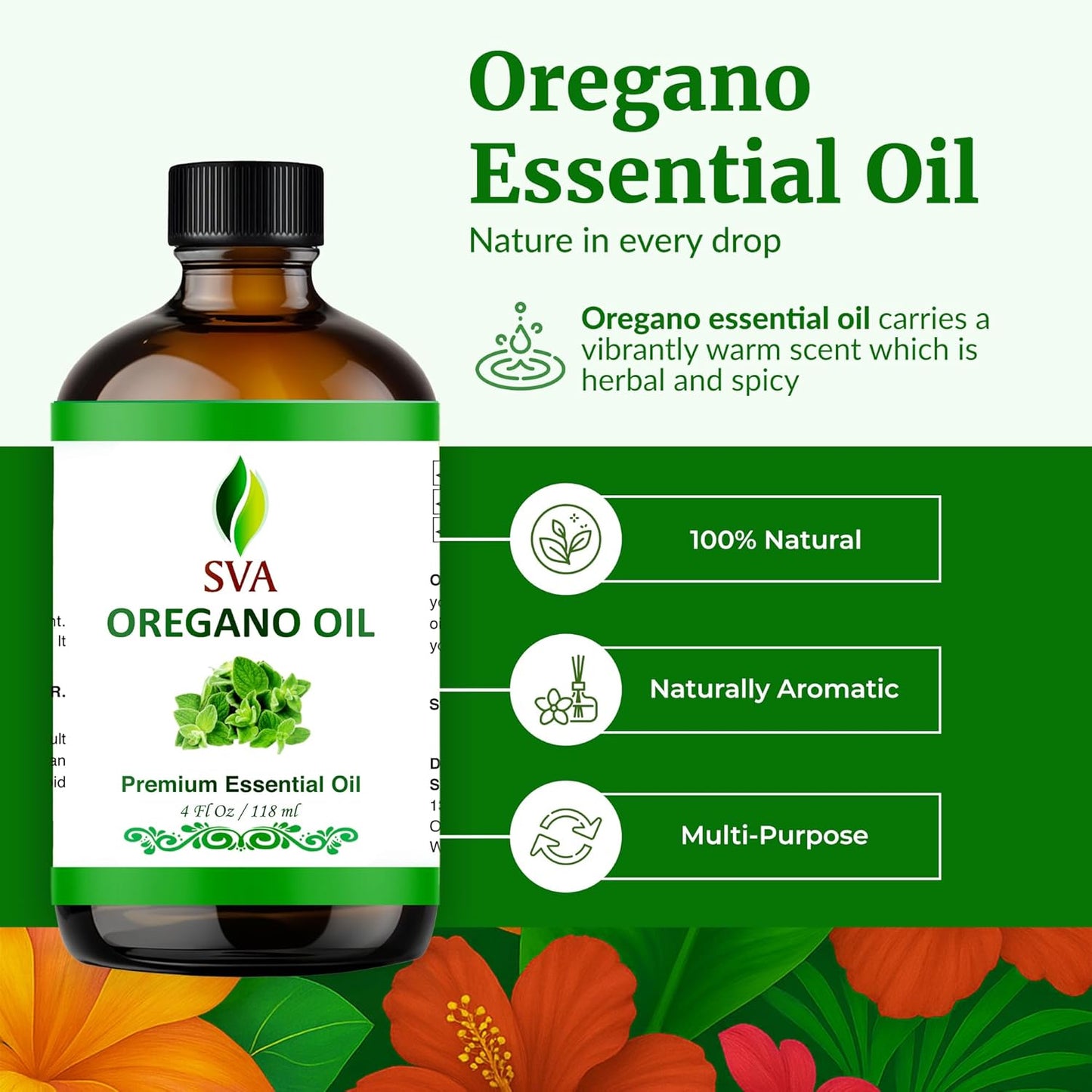 SVA Oregano Essential Oil – 4 Fl Oz – 100% Natural Oregano Oil - for Diffuser, Hair Care, Face, Skin Care, Aromatherapy, Scalp and Body Massage, Soap and Candle Making – with Dropper