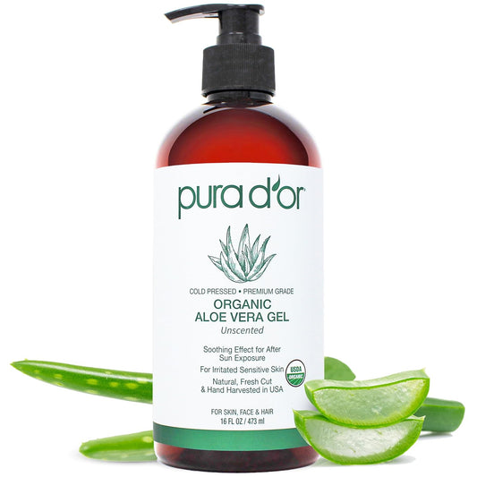 PURA D'OR 16 Oz ORGANIC Aloe Vera Gel - Unscented - All Natural - ZERO Artificial Preservatives - Deeply Hydrating & Moisturizing - Sunburn, Bug Bites, Rashes, Small Cuts, Eczema Relief - Skin & Hair | alldaygood beauty