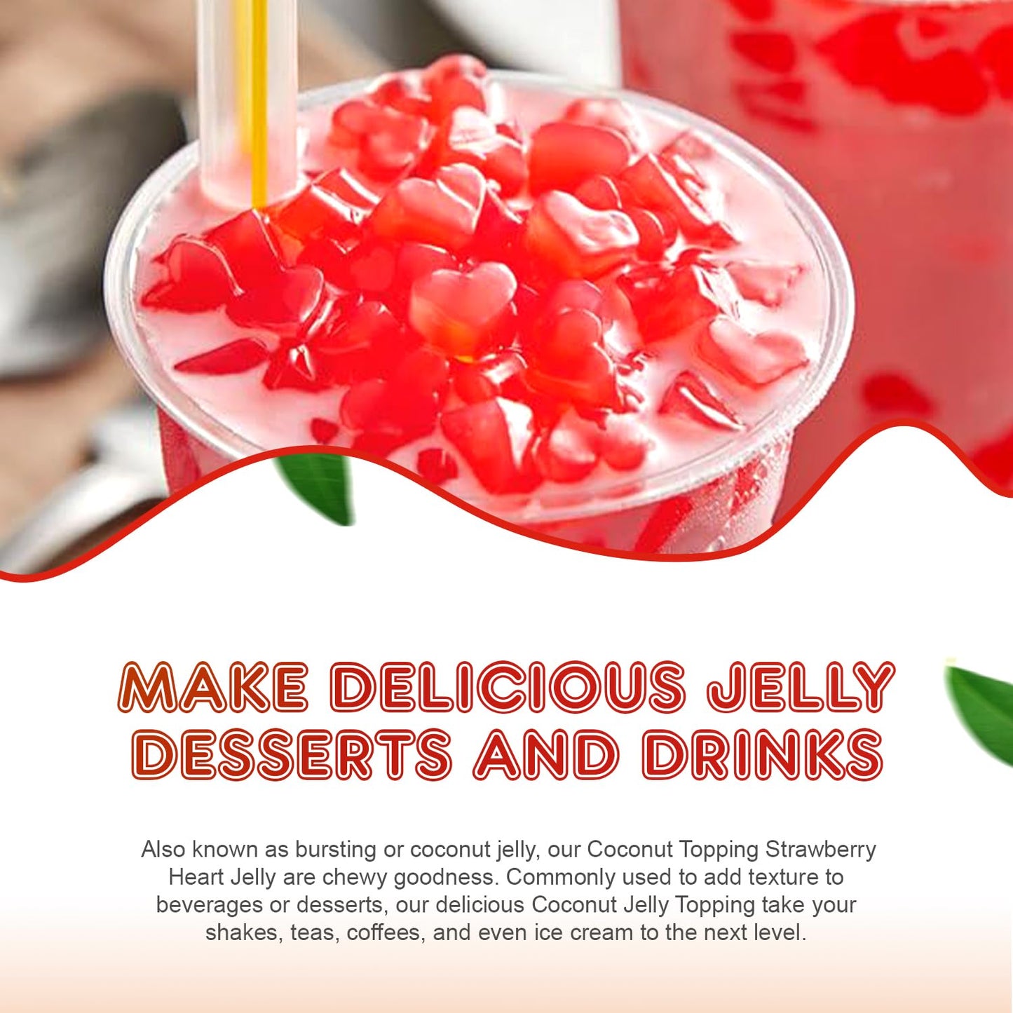 Fanale Coconut Jelly Topping nata de coco for Boba Tea | Ice Cream | Yogurt | Smoothie | Milk Tea | Desserts Strawberry Heart Shaped, 6.6 pound (Pack of 4) | JEL026-CS