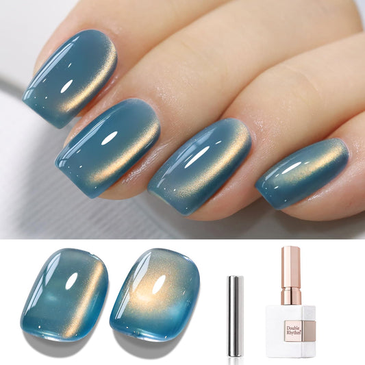 Double Rhythm 15ML Ice Glass Cat Eye Gel Polish with Magnet Holographic Glitter Shimmer Translucent Sheer Color Salon Soak Off Magnetic Nail at Home (SKy Teal-MC1132) | alldaygood beauty