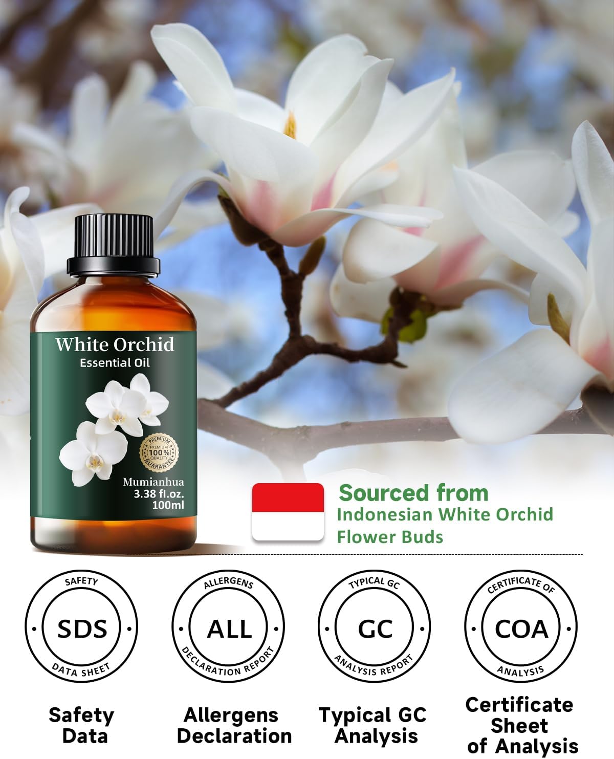 Mumianhua White Orchid Essential Oil Pure - Therapeutic Grade Aromatherapy Oil for Skin Care, Diffuser & Candle Making 100ml 3.38 Oz w/Dropper