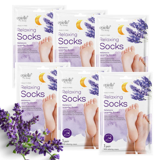 Epielle Relaxing Foot Masks 6 Pairs, Deep Moisturizing Socks for Dry Feet & Cracked Heels, Relieve and Soften with Melatonin & Lavender Extract, Korean Skin Care, Foot Spa, Self Care Gifts for Women