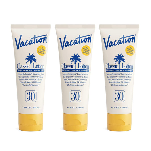 Vacation Classic Sunscreen Lotion SPF 30, Water-Resistant, Lightweight, Transparent on All Skin Tones, Dermatologist-Tested, Vegan, Travel Size, 3.4 Fl. Oz. (Value Pack of 3) | alldaygood beauty