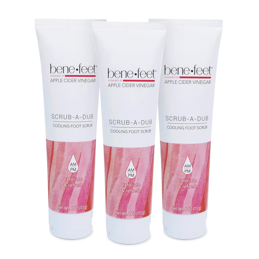 Benefeet Scrub-A-Dub Cooling Foot Scrub - Exfoliates + Refreshes Dry + Dull Skin, Get Smoother Skin from Heel to Toe, Made w/Vitamin E, Apple Cider Vinegar, Walnut Shell + Apricot Seed, 4 oz (3 Pack) | alldaygood beauty