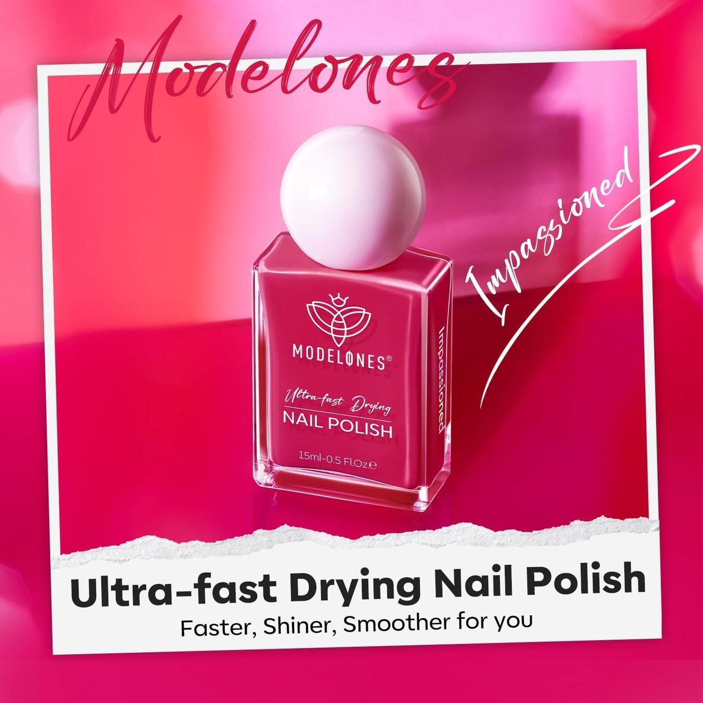 modelones Hot Pink Nail Polish, Magenta Pink 15 ml Quick Dry Nail Lacquer Strengthener Long Last Shine Fingernail Toe Nail Art DIY Home Travel Manicure Gift for Women Girls 0.5 Fl Oz