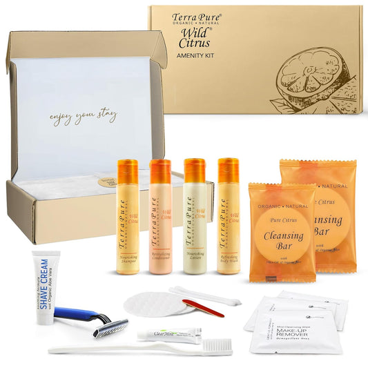 Terra Pure Amenity & Accessory Kit |1 oz Travel Size Shampoo, Conditioner, Lotion, Body Wash, 2 Cleansing Bars, Shave & Dental Sets, Make-Up Remover Wipes, & Vanity Kit | 1 set per case