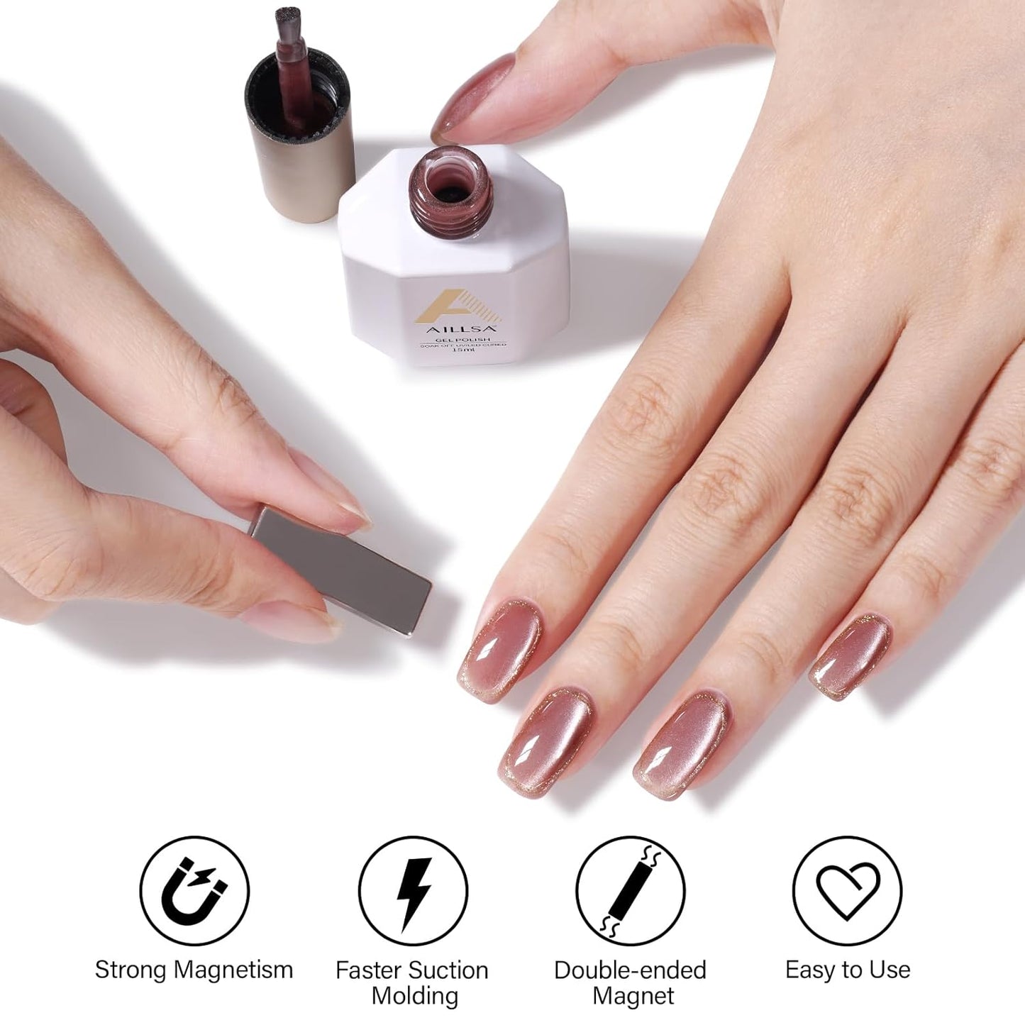 AILLSA Cat Eye Gel Nail Polish Pink Crystal Glitter Polish with Magnet, Nude Burgundy Glass Shimmer Nail Polish Jelly Color Reflective Translucent U V Gel Salon DIY at Home 0.5 OZ GF25