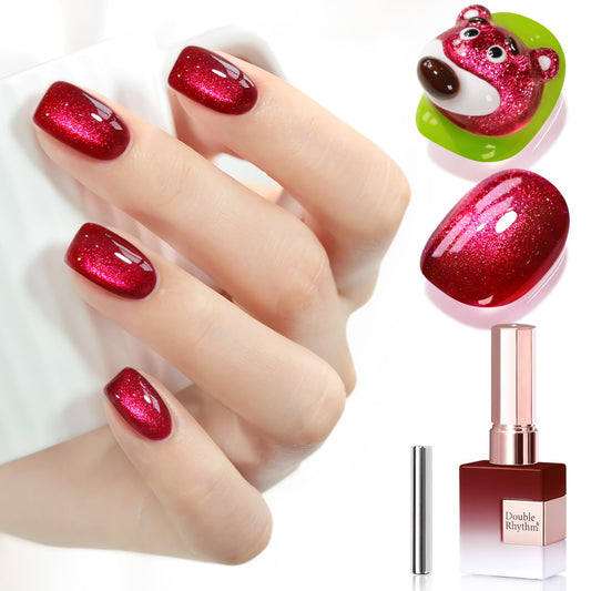 Double Rhythm 15ML Ice Glass Cat Eye Gel Polish with Magnet Holographic Glitter Shimmer Translucent Sheer Color Salon Soak Off Magnetic Nail at Home (Dark Cherry-MC1295) | alldaygood beauty