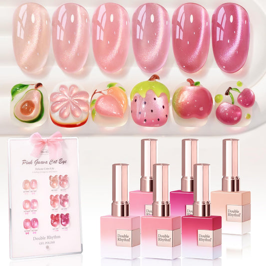 Double Rhythm Cat Eye Gel Nail Polish Set of 6 Same Color Same Bottle 0.5 Oz Shimmer Glitter with Magnet Holographic Reflective Magnetic UV Nail Polish Kit at Home (Glass Nude Pink Rose-T6-45) | alldaygood beauty