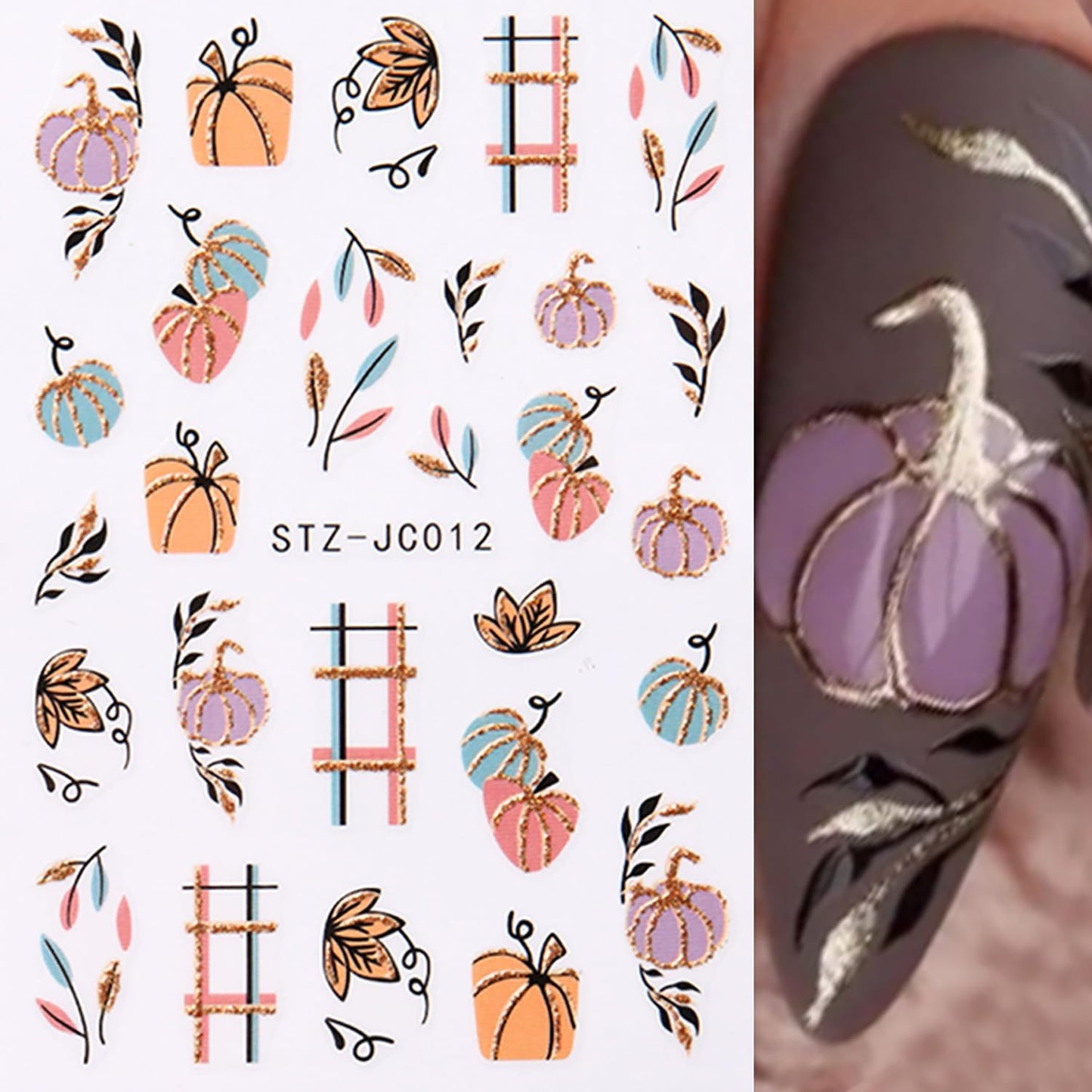 Fall Nail Stickers Maple Leaf Shiny Pumpkins Nail Decals 6PCS Self-Adhesive Autumn Leaves Cute Design Nail Art Stickers Supplies Holiday DIY Manicure Accessories for Women Nail Art Decorations