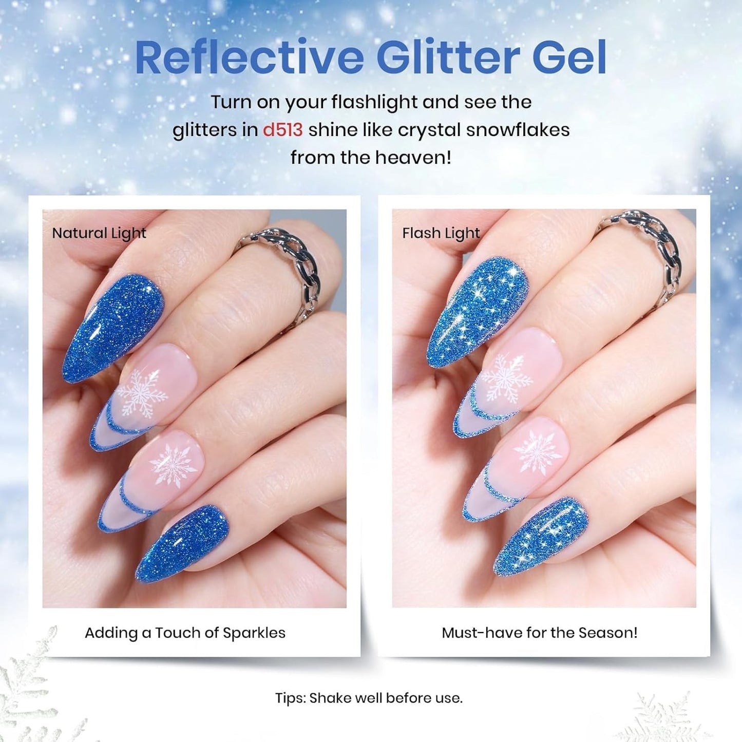 Beetles Blue Gel Polish Set, Glitter Snowflakes Collection Christmas Polish Set, White Glitter Navy Blue Silver Nails Color Gel Soak off UV LED Lamp Gift for Christmas