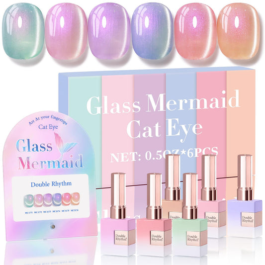 Double Rhythm Cat Eye Gel Nail Polish Set of 6 Same Color Same Bottle 0.5 Oz Shimmer Glitter with Magnet Holographic Reflective Magnetic UV Nail Polish Kit at Home (Mermaid Pink Rose-T6-31) | alldaygood beauty