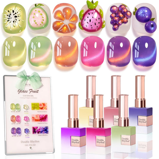 Double Rhythm Fruit Cat Eye Gel Nail Polish Set of 6 Same Color Same Bottle 0.5 Oz Shimmer Glitter with Magnet Holographic Reflective Magnetic UV Polish Kit at Home (Glass Rose Pink Green-T6-48) | alldaygood beauty
