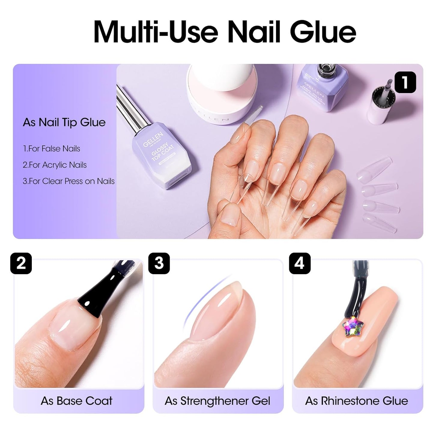Gellen 2 Pcs Gel Nail Glue for Nail Tips, 4 in 1 UV Extension Glue for Acrylic Tips & Clear Press on Nails & False Nails, Base Gel, Rhinestone, U V Led Lamp Needed