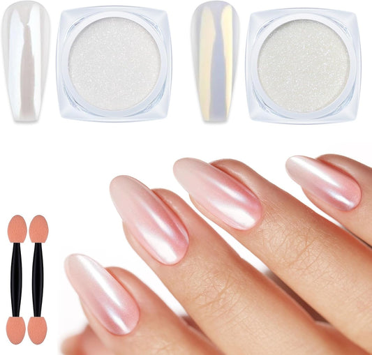 Artdone 2 Jars Chrome Nail Powder White and Gold Pearl,Iridescent Aurora Powder Metallic Mirror Effect Pigment Pearlescent Mermaid Pearl Glitter Dust Kit (White and Gold)
