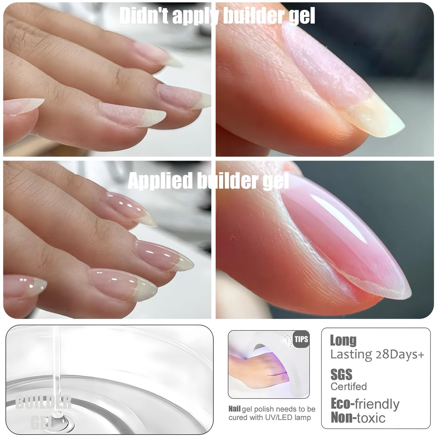 Vishine 2 Pcs Clear Builder Gel 8-in-One Clear Gel Builder for Nail Thickening Natural Nails Transparent Extension Hard Gel Polish Rhinestone Glue for Nail Art Base Coat Needed 16ml
