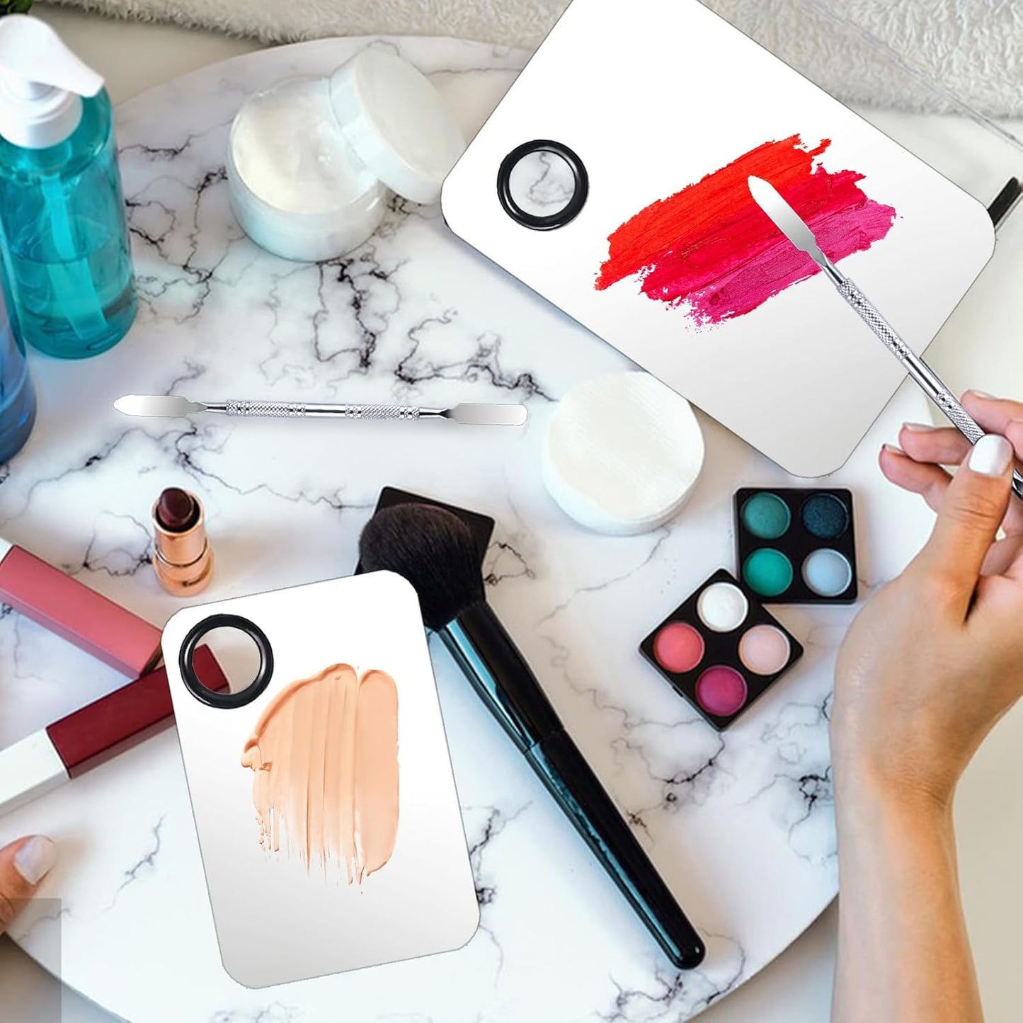 2 Set Makeup Mixing Palette,Stainless Steel Makeup Palette with Spatula Professional Make up Artist Must haves,Suitable for Mixing Foundation Make up Eye Shadow and Nail ﻿