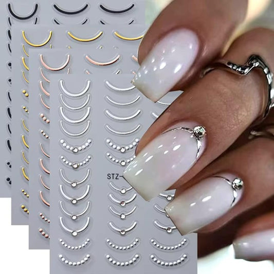 4 Sheets French Tip Nail Art Stickers Luxury Crystal Rhinestones with Stripe Lines French Gold Silver Rose Black Design 3D Nail Supplies for Women Girls DIY Manicure Art Accessories Metallic Set | alldaygood beauty