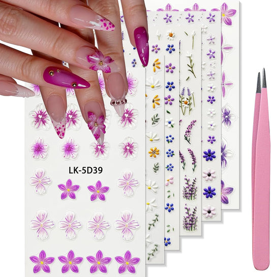 Nail Art Stickers Decals 5D Embossed Flower Nail Decals Self Adhesive Spring Summer Supplies 3D Lavender for Women Nails Design Decoration Purple Red Flower Nails Stickers | alldaygood beauty