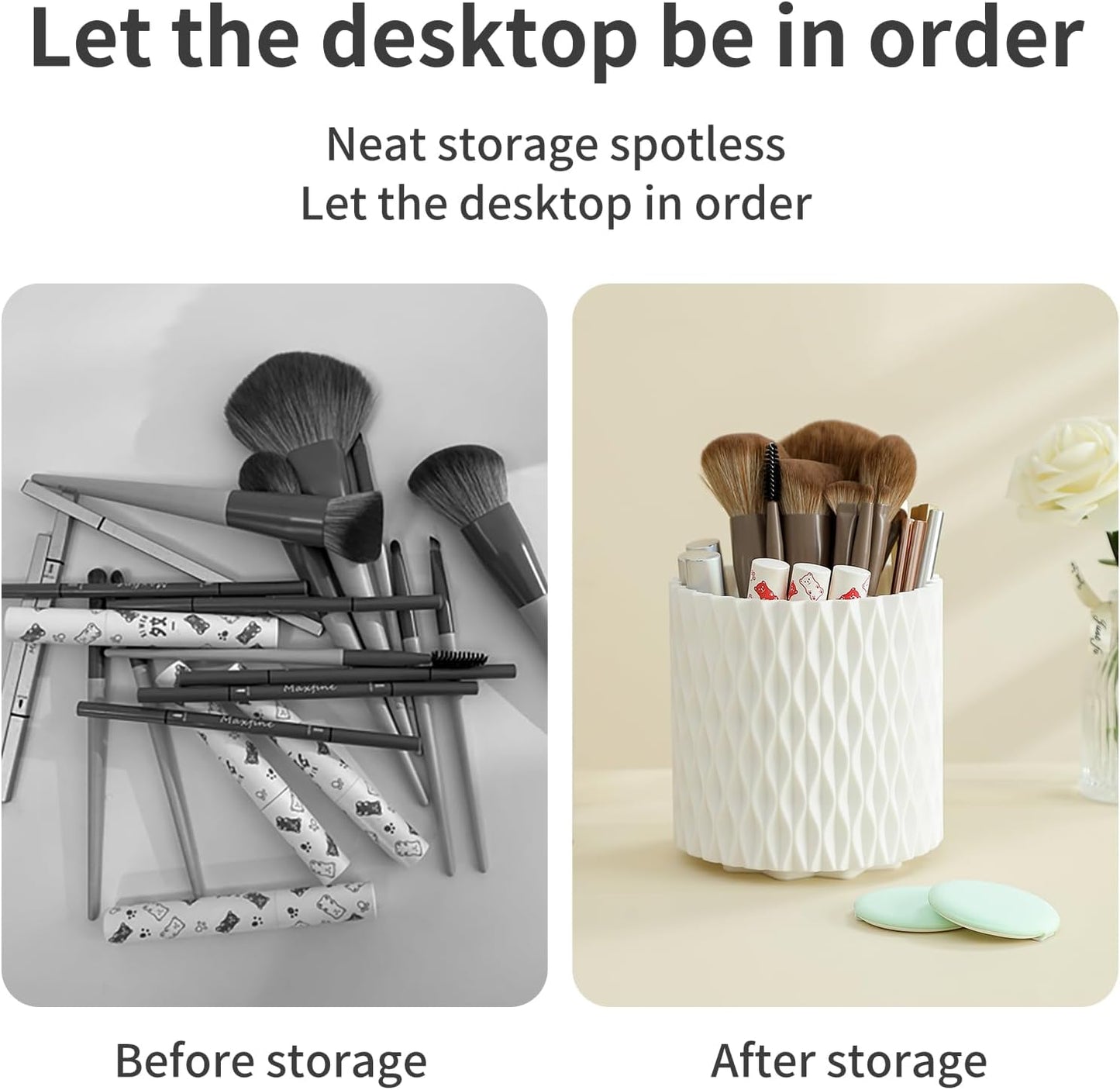 Makeup Brush Holder Organizer - 360° Rotating Makeup Brush Organizer 5 Slot Make up Brushes Cup for Cosmetics, Lipsticks, Art Supply, Bathroom Vanity Desktop Storage (White with Cover)