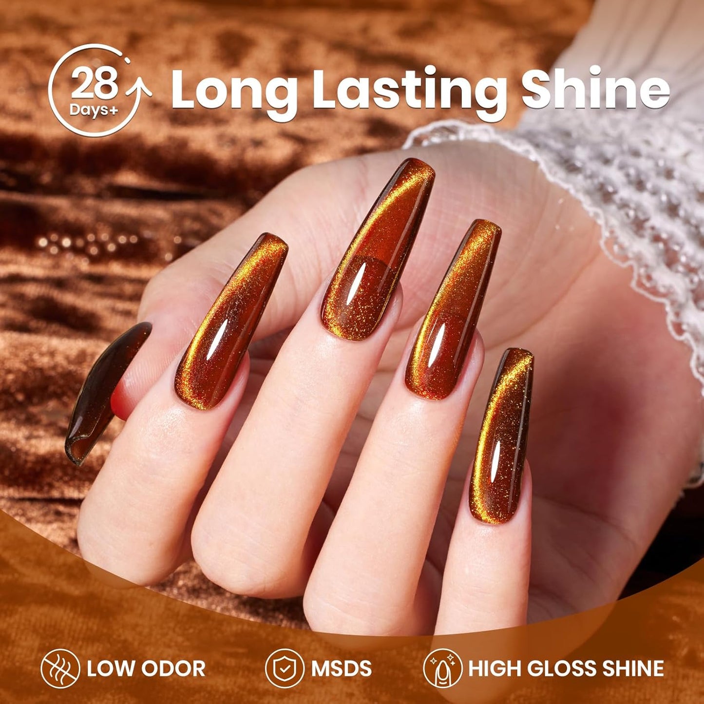 Beetles Brown Cat Eye Gel Nail Polish - Amber Glint Cat Eye Gel Polish, 15ML Fall Brown Gold Powder Magnetic Glitter Gel Polish Soak Off UV French Nail Art Salon DIY Manicure Gift for Women