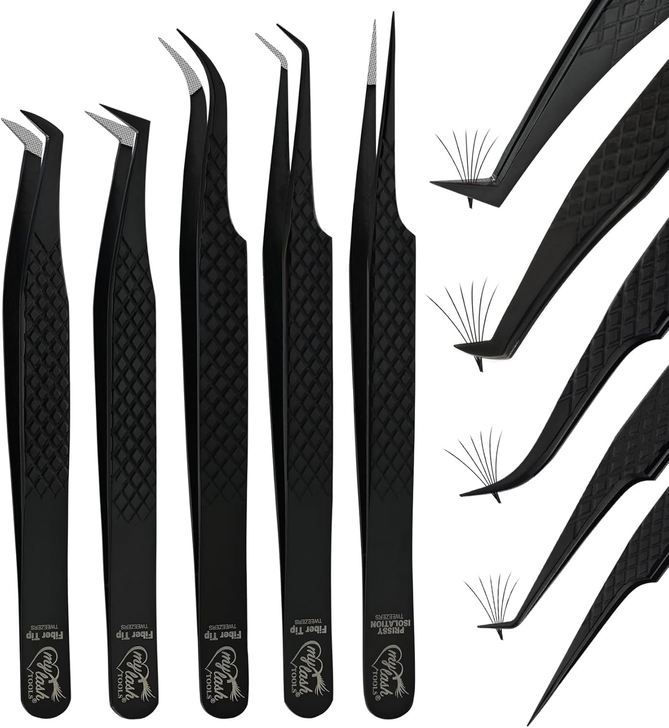 Fiber Tip Lash Tweezers Eyelash Extension Tweezers for Lash Extensions Precision Boot Volume Lash Tweezers Japanese Steel Curved Isolation Tweezer Set fiber grip tweezers (Black, 5pcs)