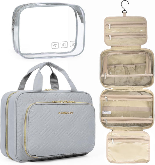 BAGSMART Toiletry Bag Hanging Travel Makeup Organizer with TSA Approved Transparent Cosmetic Bag Makeup Bag for Full Sized Toiletries, Medium-Grey