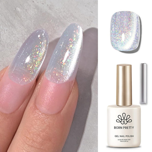 Born Pretty White Glitter Cat Magnetic Eye Gel Nail Polish, Holographic Glitter Iridescent Gel Nail Polish Soak Off Led Gel Nail Polish Nail Art Gel Manicure Salon DIY Gifts 15ML | alldaygood beauty