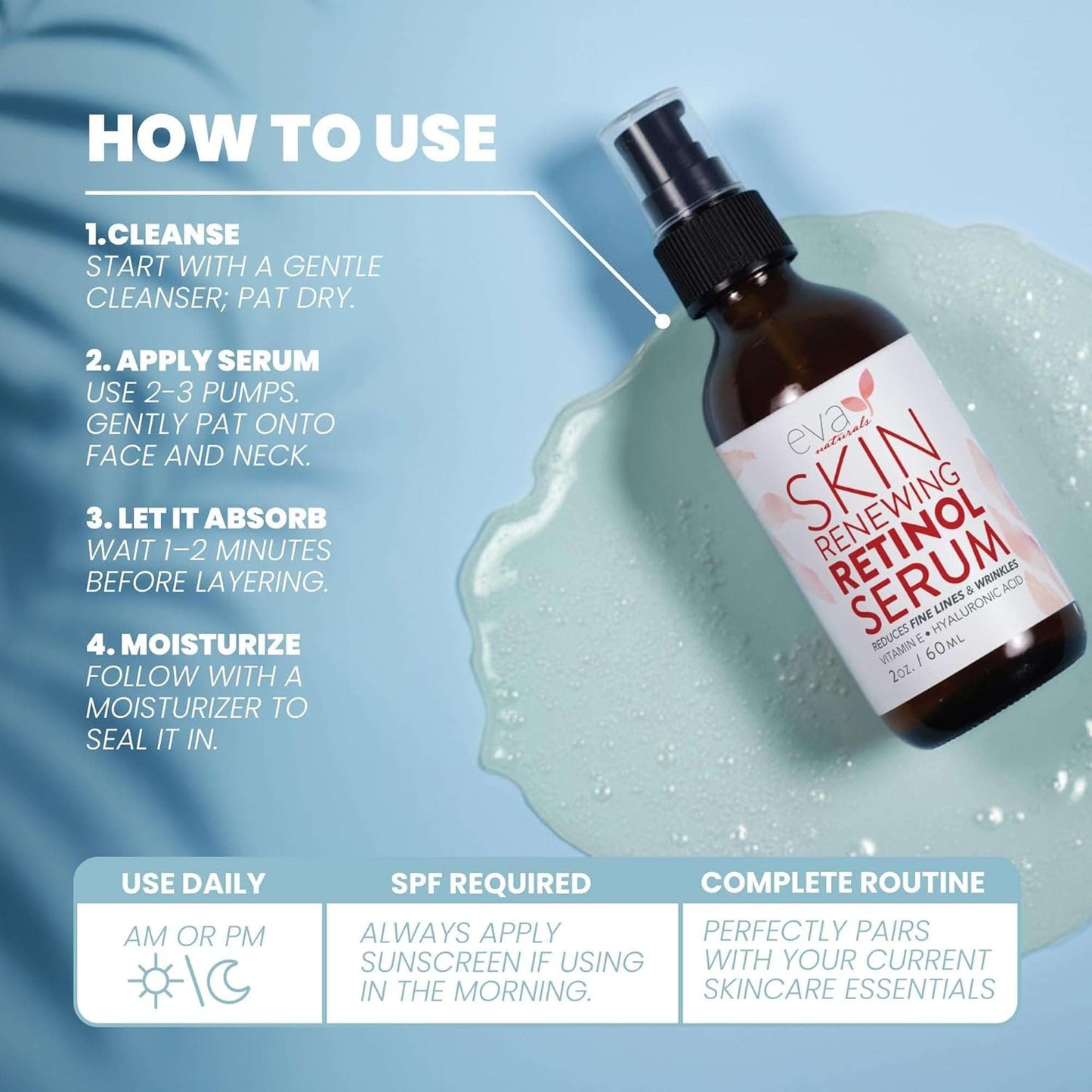 Eva Naturals Retinol Serum for Face – Anti Aging Night Serum with Hyaluronic Acid, Vitamin E, Witch Hazel, Aloe – Wrinkle Moisturizer, Dark Spot Corrector, Acne Scar Treatment, Skin Brightening – 2oz