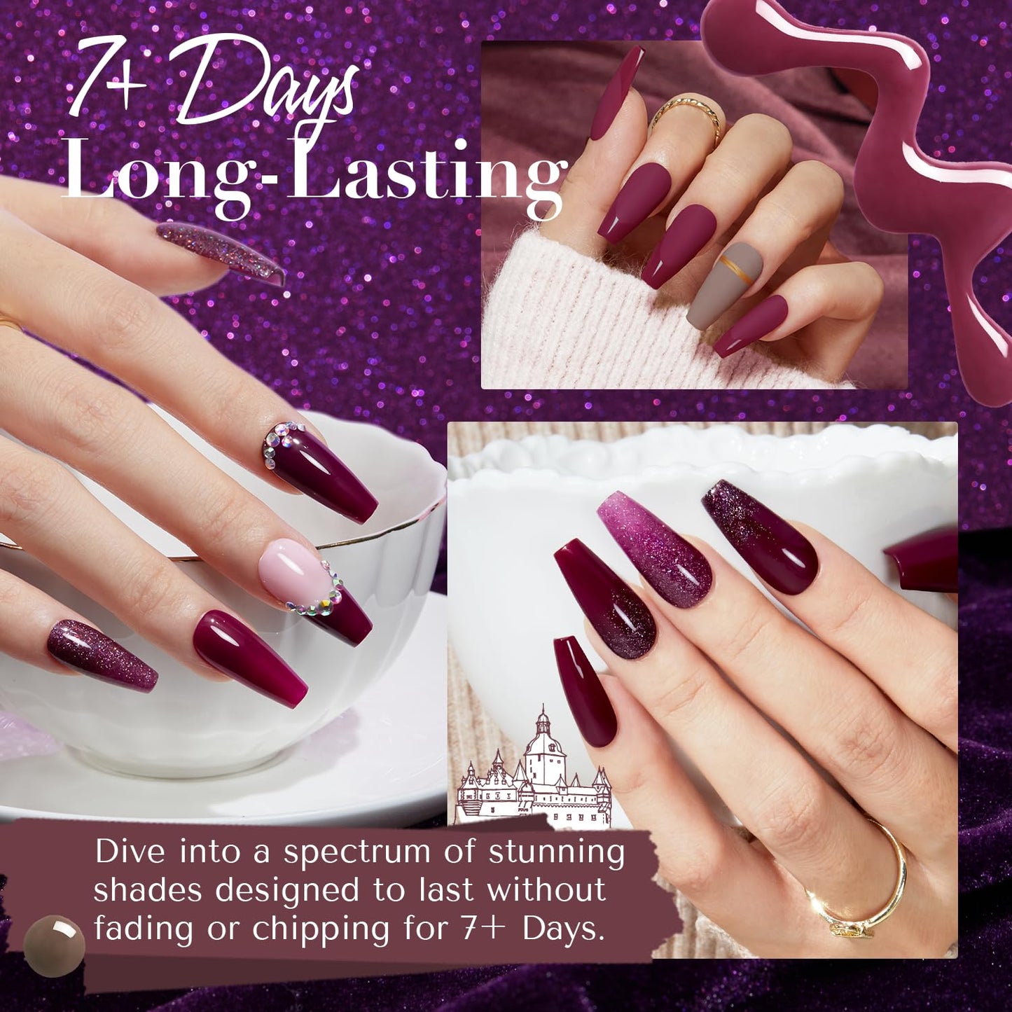 AZUREBEAUTY Nail Polish Set, 4 Colors Brown Purple Glitter Quick Dry Natural Nail Lacquer Strengthening Treatment Kit with Top Coat DIY Salon at Home