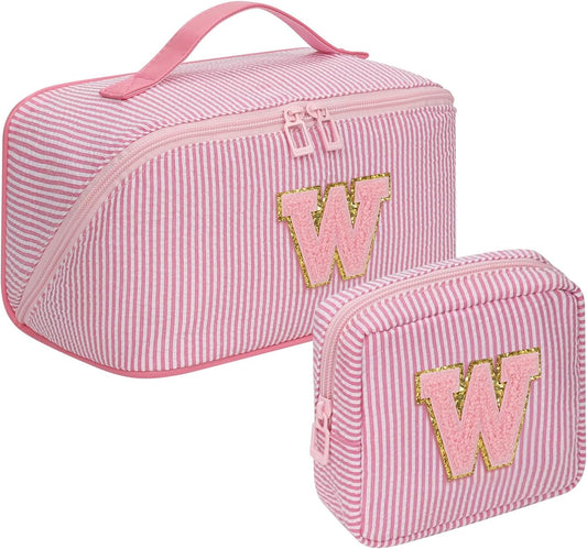 Travel Makeup Bag for Women, 2Pcs Portable Personalized Initial Makeup Organizer Bag, Open Flat Large Cosmetic Bag With Travel Essential Pouch (Pink Letter W)