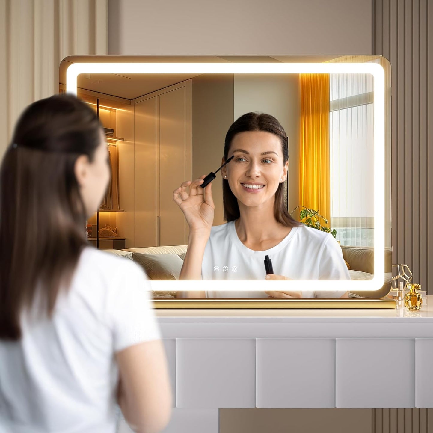 Hasipu Vanity Mirror with Lights, 31.5" x 20" LED Makeup Mirror, Lighted Makeup Mirror with Dimmable 3 Modes, Touch Screen Control Vanity Mirror Round Gold