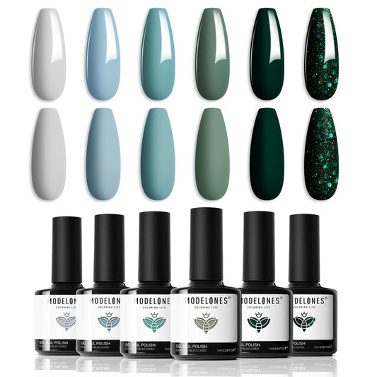 modelones Gel Nail Polish Set - 6 Colors Misty Gray Dark Green Glitter Gel Polish Kit Sage Green Baby Blue Nail Polish Soak Off LED Nail Lamp Nail Kit Fall Winter Nails Salon DIY Gift | alldaygood beauty