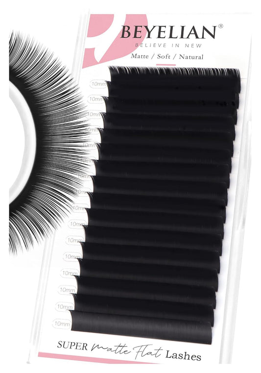 BEYELIAN Flat Eyelash Extension, Ellipse Lash Extensions 0.20 C Curl 10mm 16 Rows Matte Black Eyelash Extension Supplies Classic Lash Extensions Individual Eyelashes Salon Use