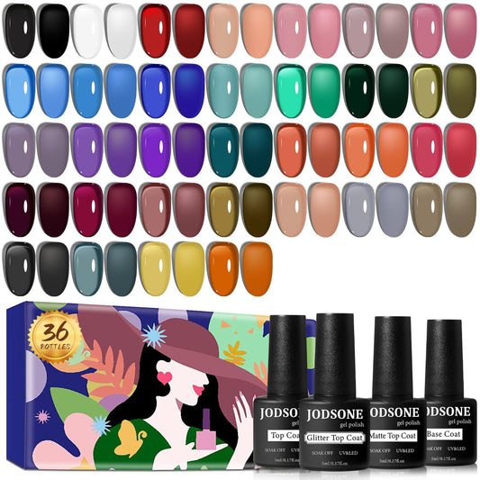 JODSONE Jelly Gel Nail Polish Kit 32 Classic Colors Crystal Transparent High Shine Base & Top Matte Glitter Coat | alldaygood beauty