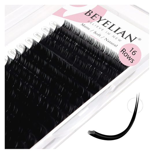 BEYELIAN Flat Eyelash Extension, Ellipse Lash Extensions 0.15 C Curl 7-15mm 16 Rows Matte Black Eyelash Extension Supplies Classic Lash Extensions Individual Eyelashes Salon Use