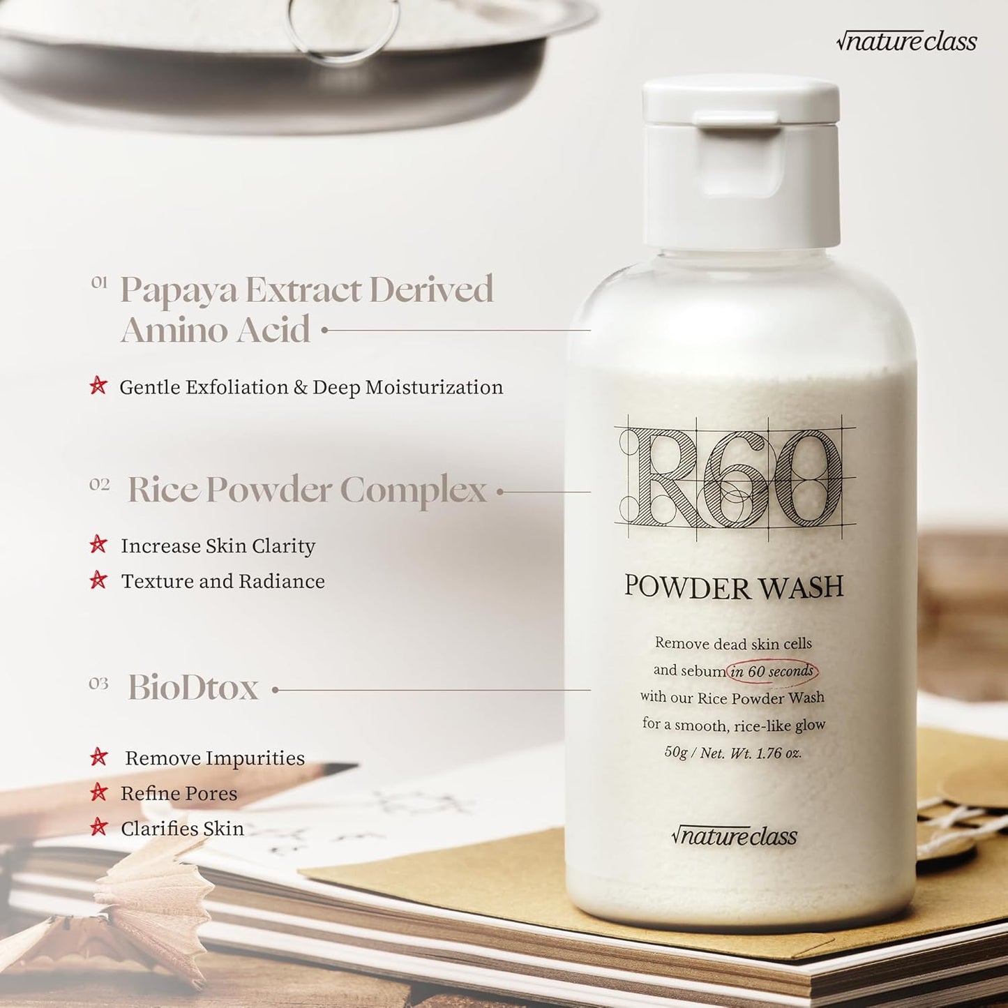 R60 Rice Enzyme Powder Face Wash Cleanser – Exfoliating, Deep Cleansing, Removes Pore Impurities for Soft Radiant Skin, Korean Skincare1.76oz