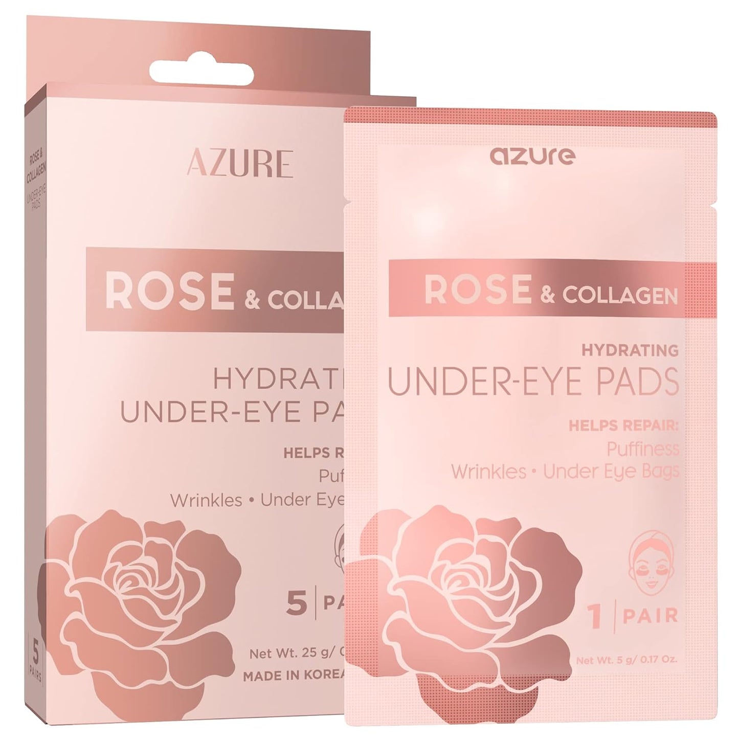 AZURE Rose & Collagen Hydrating Under Eye Pads - Anti Aging, Revitalizing & Moisturizing Eye Mask Patches - Reduces Fine Lines, Wrinkles, Dark Circles & Puffiness - Skin Care Made in Korea - 5 Pairs