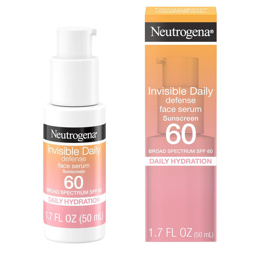 Neutrogena Invisible Daily Defense Broad Spectrum SPF 60, Antioxidants for Skin Glow, Hydrating Face Sunscreen Serum, Water Resistant (80 minutes), Oil-Free, Fragrance Free, Non Comedogenic, 1.7 Fl Oz