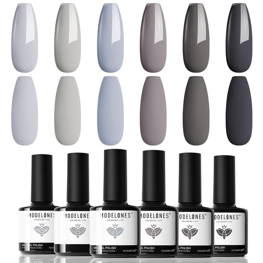 modelones Grey Gel Nail Polish Set 6 Colors, Gray Tone Dark Cloud Stone Seal Iron Fossil Shades Collection All Seasons Soak Off LED Nail Art Gel Kit Soak Off Manicure Salon DIY Home Gift | alldaygood beauty