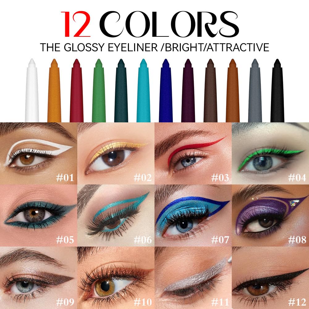 12 Colors Shimmer Eyeliner Pen Set, Waterproof, Long-Lasting, Glitter Eyeliner for Bold Eye Makeup, Metallic Glitter Finish, Eye Liner For Older Women, lapiz de ojos delineador de ojos contra el agua