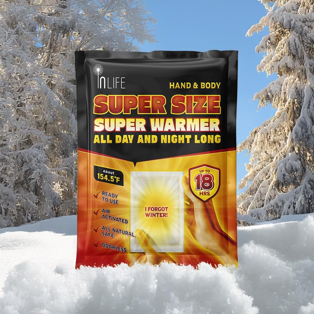 InLife Super Size Super Warmer for Hands and Body, All Natural & Safe, Bigger & Wider Area Covered, Higher Heating 145°F, Air Activated, Easy & Comfort, Steady Longer Lasting, Odorless, 20 Packs