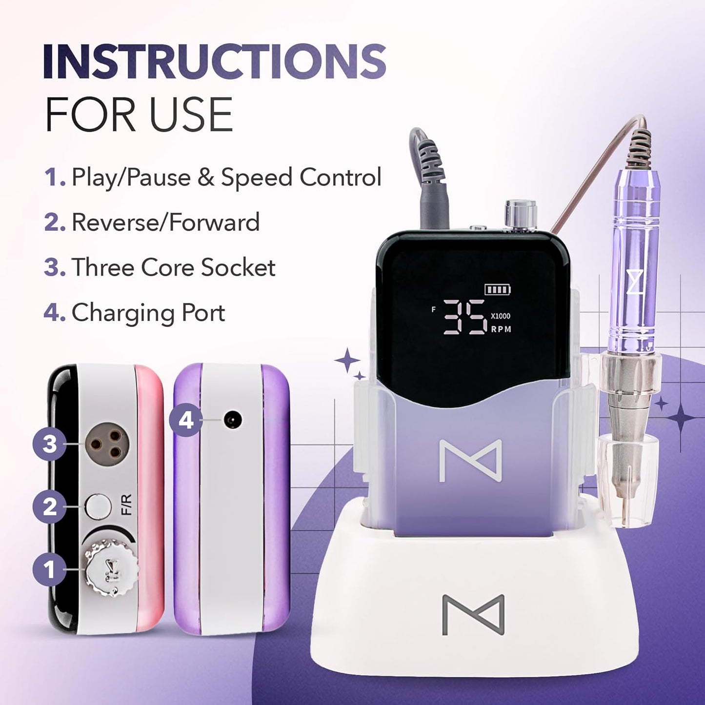 M Mase- Professional Nail Drill Machine - Coreless 2-in-1 Nail File - Electric, Cordless, 35000 RPM, HD Display - Electric Nail Drill for Professional & Home Use (Violet)