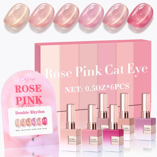 Double Rhythm Cat Eye Gel Nail Polish Set of 6 Same Color Same Bottle 0.5 Oz Shimmer Glitter with Magnet Holographic Reflective Magnetic UV Nail Polish Kit at Home (Glass Nude Pink Rose-T6-32) | alldaygood beauty